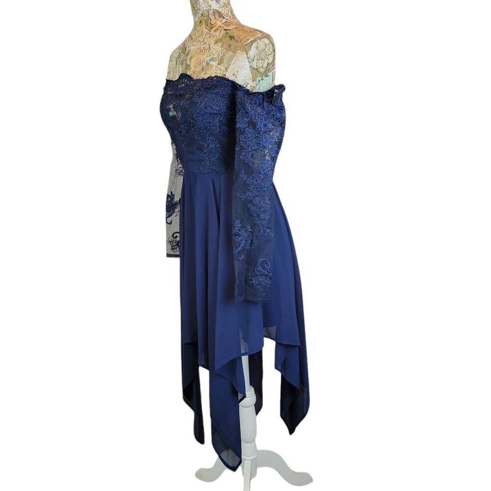 Blue Lace Off Shoulder Long Sleeve Hankerchief Hem Cocktail Evening Dress - Picture 6 of 9